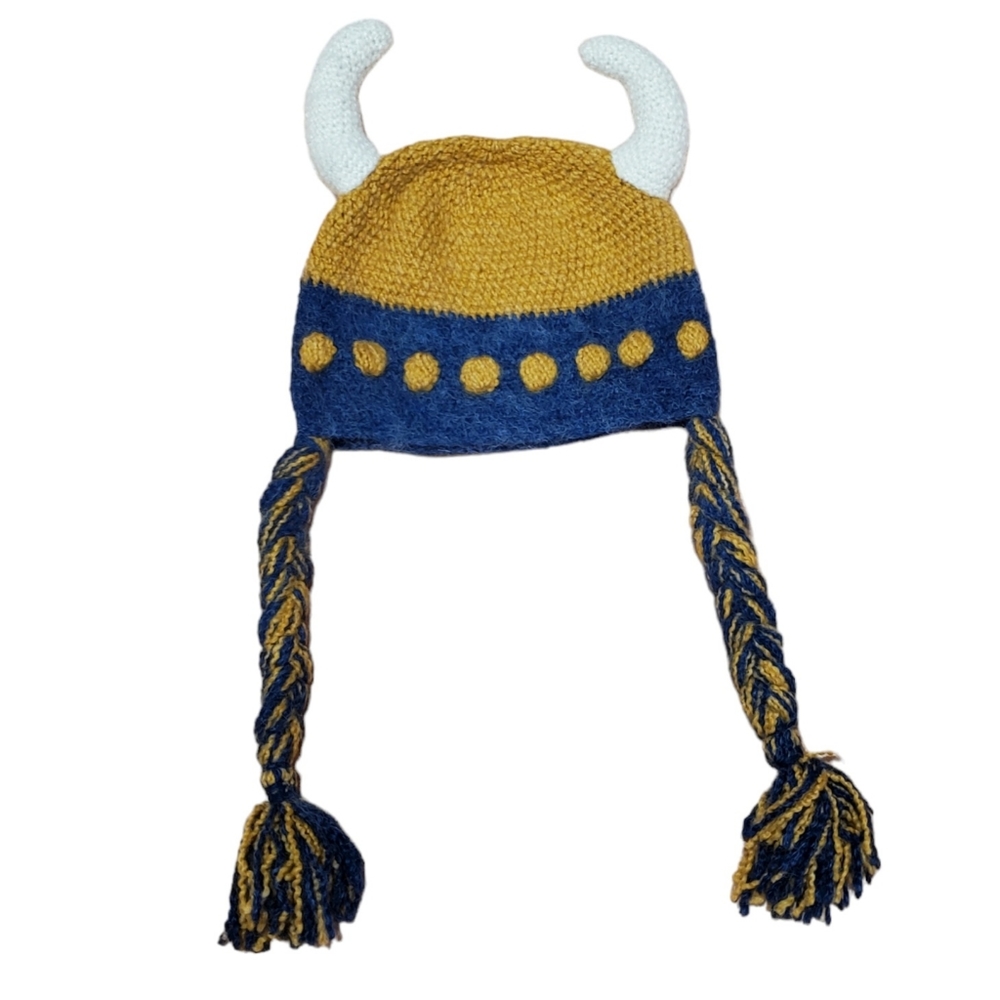 Hand knit Horned Viking Hat with braids